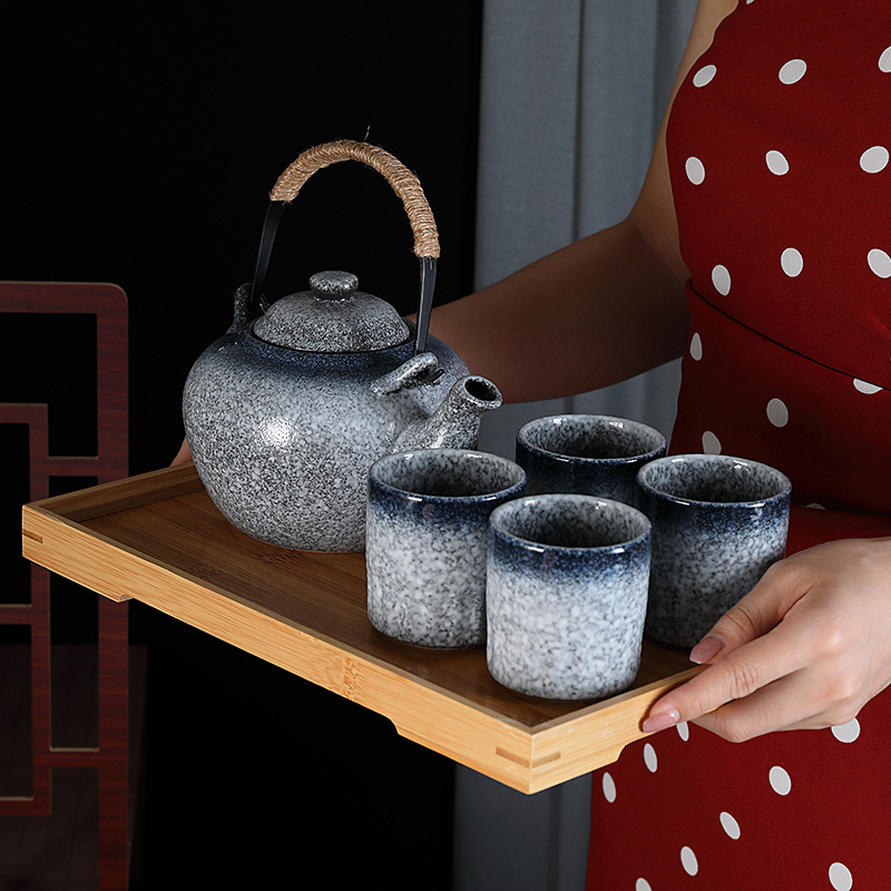 Ceainic ceramic în stil japonez și set de ceai, pictat manual cu fulgi de zăpadă, set de ceai cu plante pentru 4 persoane