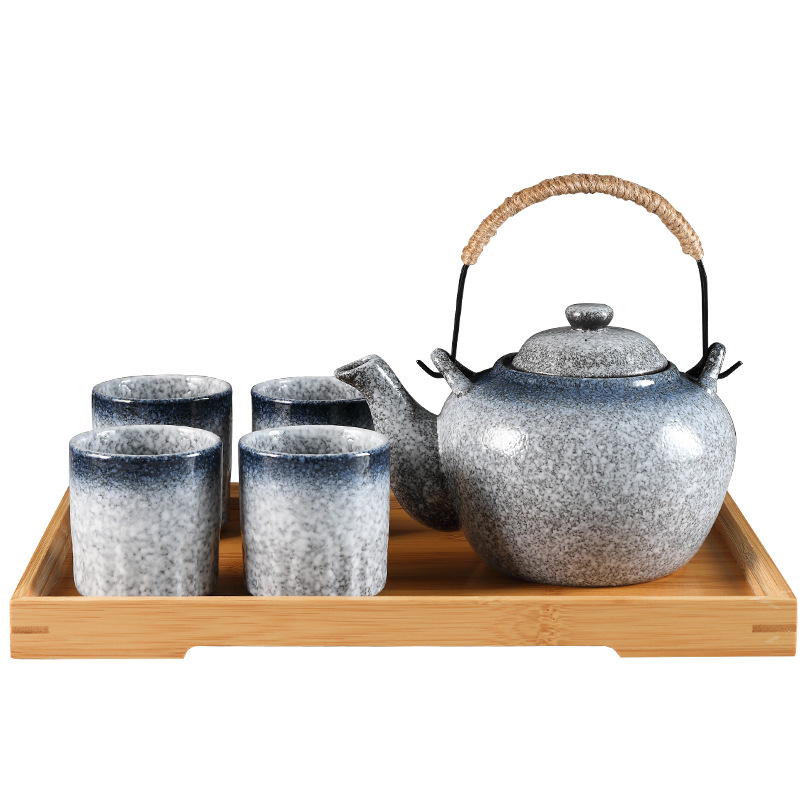 Ceainic ceramic în stil japonez și set de ceai, pictat manual cu fulgi de zăpadă, set de ceai cu plante pentru 4 persoane