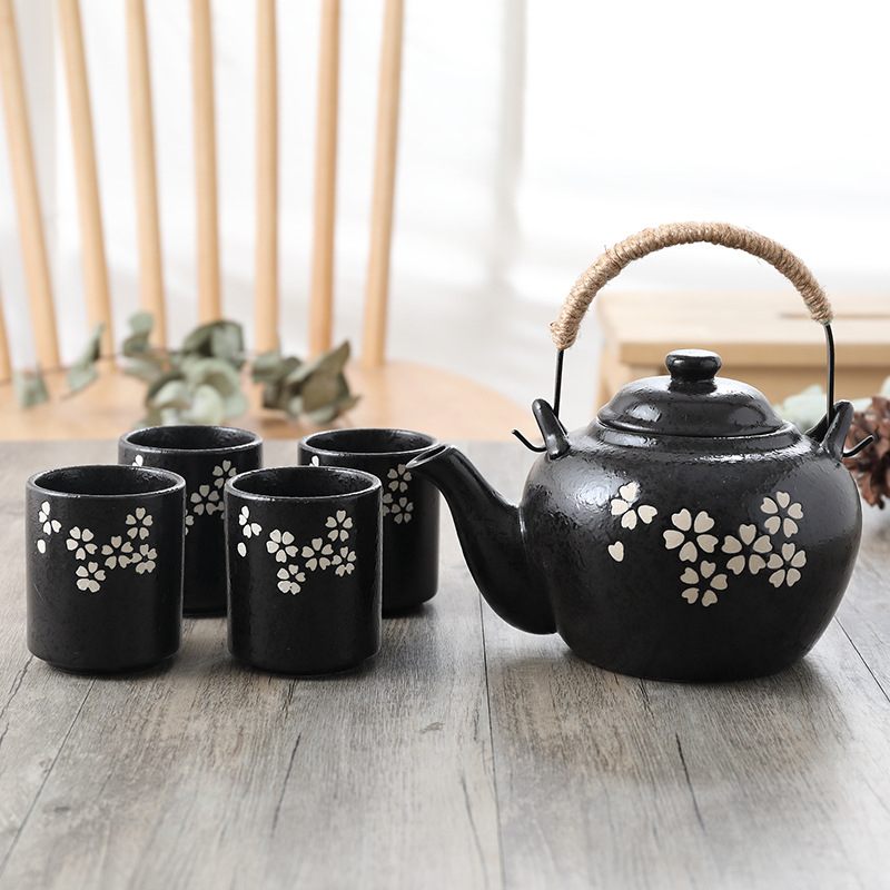 Ceainic ceramic în stil japonez și set de ceai, pictat manual cu fulgi de zăpadă, set de ceai cu plante pentru 4 persoane