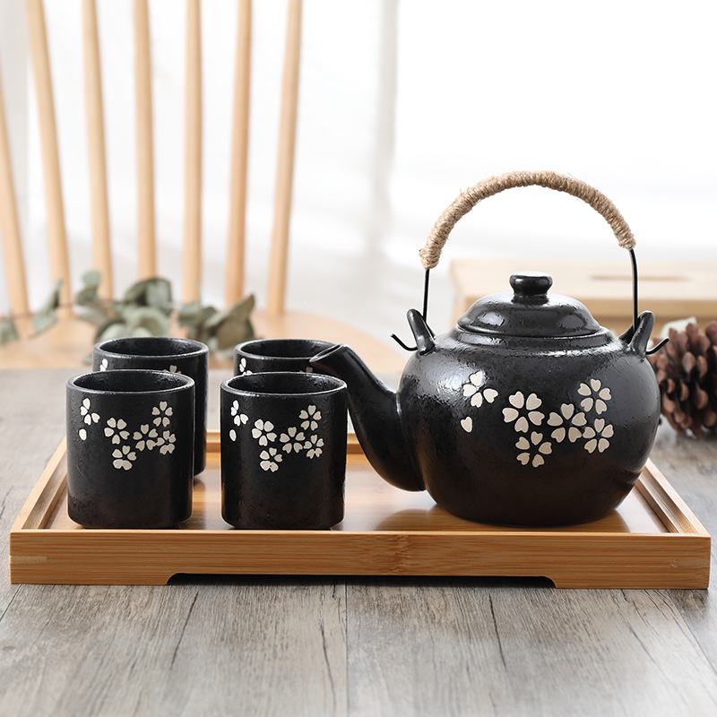 Ceainic ceramic în stil japonez și set de ceai, pictat manual cu fulgi de zăpadă, set de ceai cu plante pentru 4 persoane