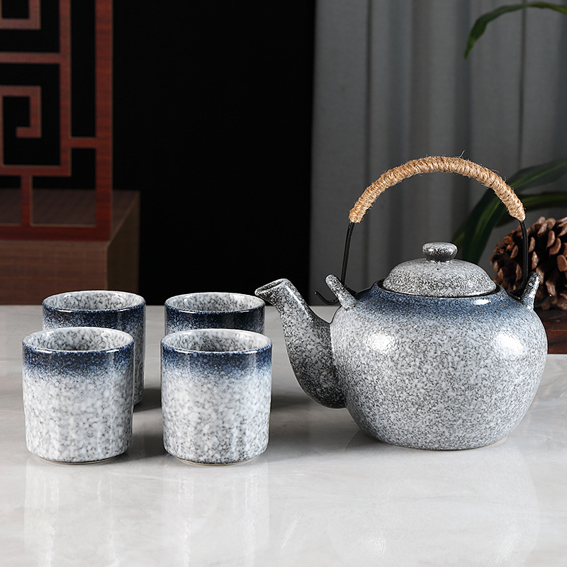 Ceainic ceramic în stil japonez și set de ceai, pictat manual cu fulgi de zăpadă, set de ceai cu plante pentru 4 persoane