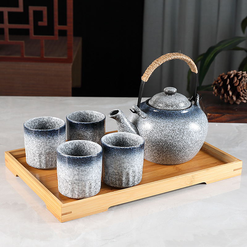 Ceainic ceramic în stil japonez și set de ceai, pictat manual cu fulgi de zăpadă, set de ceai cu plante pentru 4 persoane