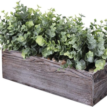 Ghiveci dreptunghiular din lemn cu eucalipt artificial, plantă bonsai pentru decor pe pervazul băii