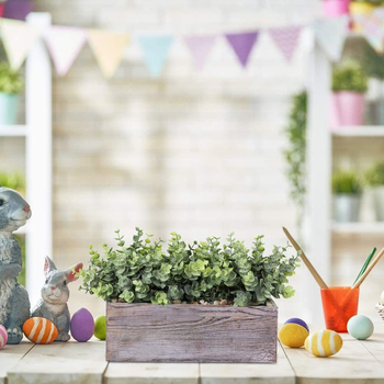 Ghiveci dreptunghiular din lemn cu eucalipt artificial, plantă bonsai pentru decor pe pervazul băii