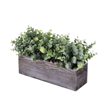 Ghiveci dreptunghiular din lemn cu eucalipt artificial, plantă bonsai pentru decor pe pervazul băii