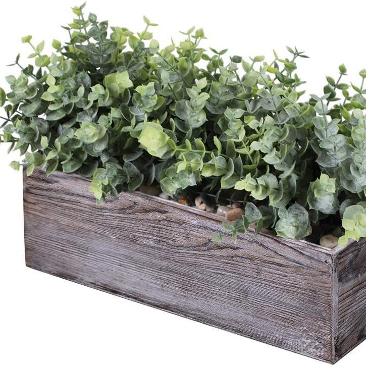 Ghiveci dreptunghiular din lemn cu eucalipt artificial, plantă bonsai pentru decor pe pervazul băii
