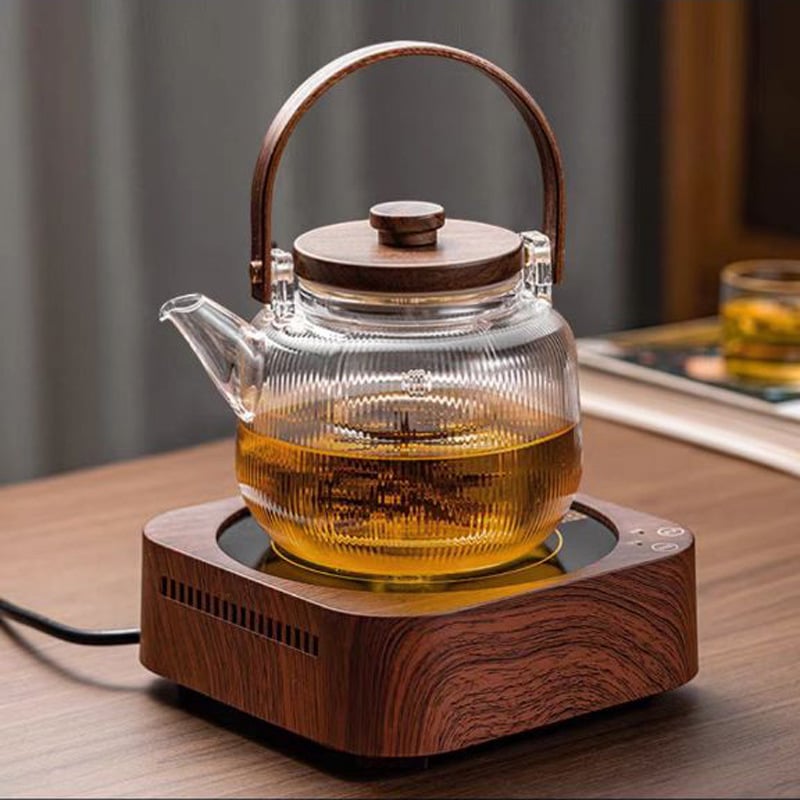 Ceainic din sticlă borosilicată de înaltă calitate, cu model cu dungi verticale, set ceai pentru plită ceramică electrică, ceainic cu mâner de ridicare.