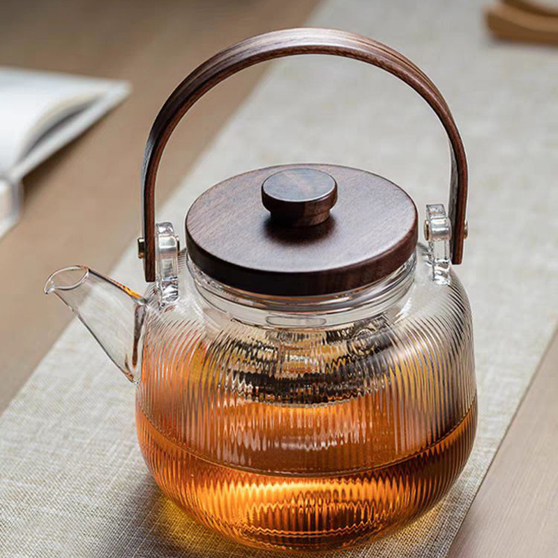 Ceainic din sticlă borosilicată de înaltă calitate, cu model cu dungi verticale, set ceai pentru plită ceramică electrică, ceainic cu mâner de ridicare.