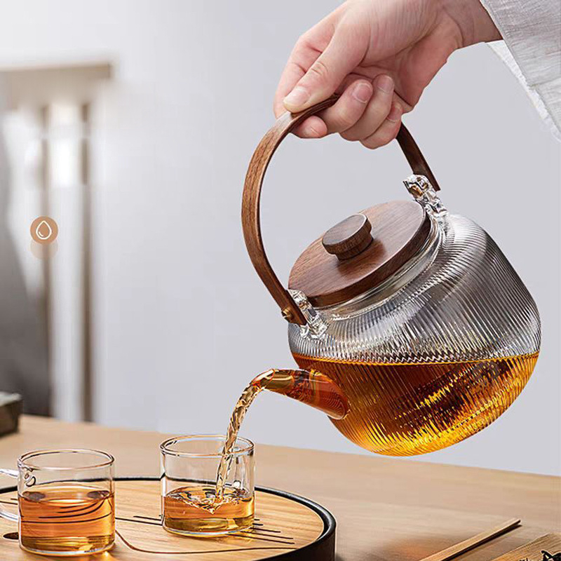Ceainic din sticlă borosilicată de înaltă calitate, cu model cu dungi verticale, set ceai pentru plită ceramică electrică, ceainic cu mâner de ridicare.