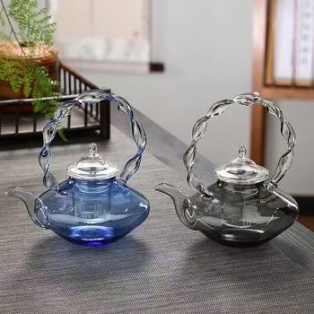 Ceainic din sticlă roz, lucrat manual, cu mâner ridicător, design floral-ierbăvar, sticlă borosilikată groasă, rezistentă la căldură