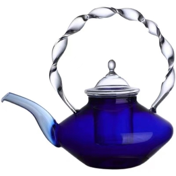 Ceainic din sticlă roz, lucrat manual, cu mâner ridicător, design floral-ierbăvar, sticlă borosilikată groasă, rezistentă la căldură