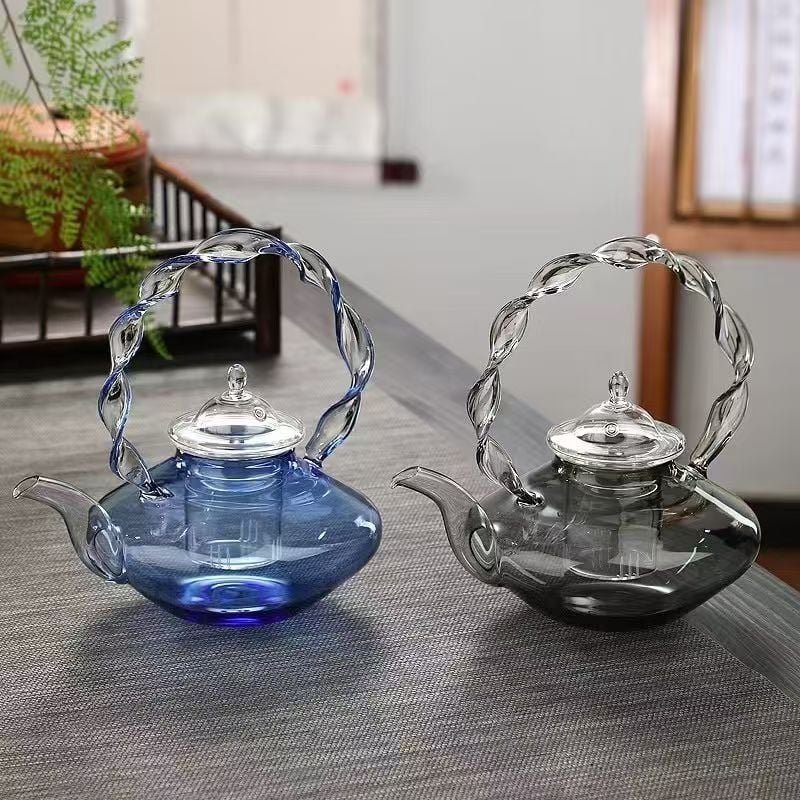 Ceainic din sticlă roz, lucrat manual, cu mâner ridicător, design floral-ierbăvar, sticlă borosilikată groasă, rezistentă la căldură