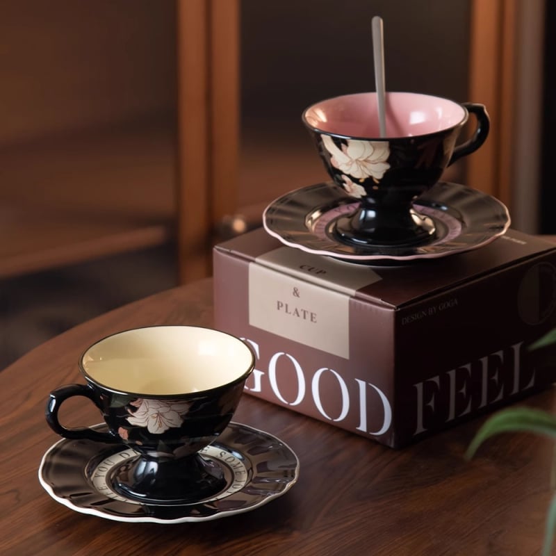 Set de cești de cafea din ceramică, lux ușor, cu cești înalte și farfurioare, stil retro, cutie cadou pentru ceaiul de după-amiază