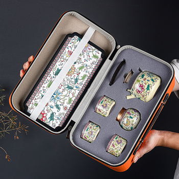 Set de ceai portabil cu email Ru kiln — ceainic și trei căni, set cadou din ceramică cu tavă de ceai