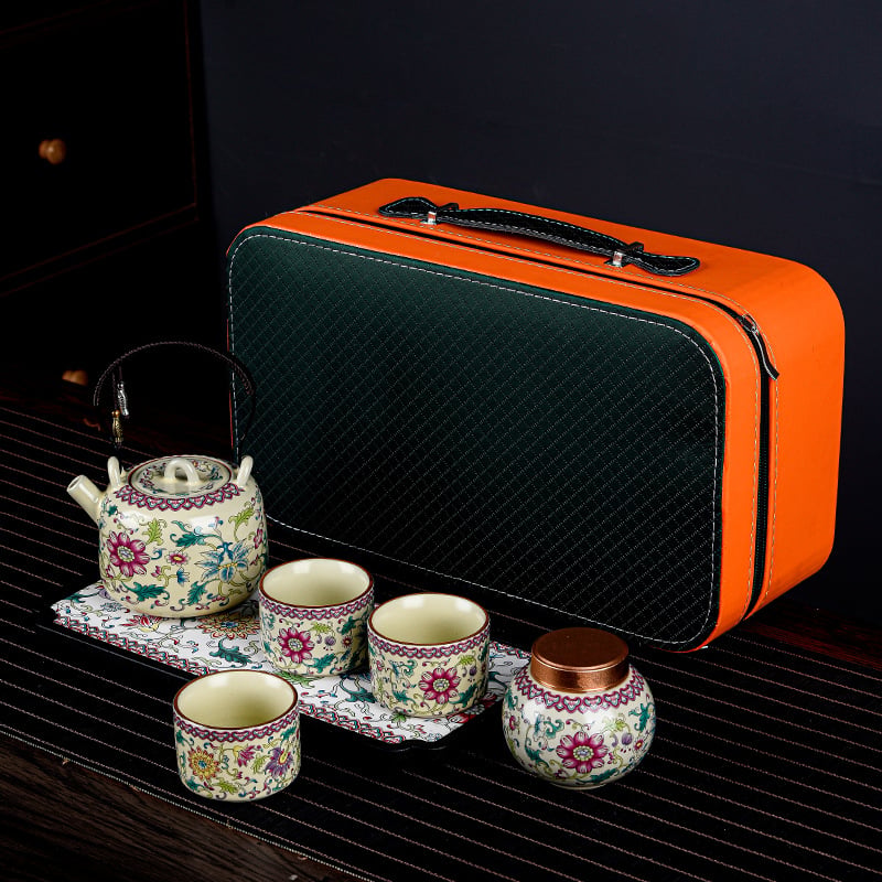 Set de ceai portabil cu email Ru kiln — ceainic și trei căni, set cadou din ceramică cu tavă de ceai