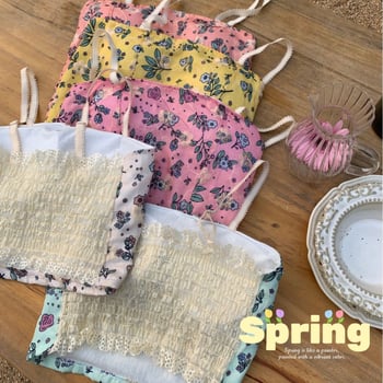 Top mini floral în stil franțuzesc, cu burete pentru bust, fără bretele, spate frumos