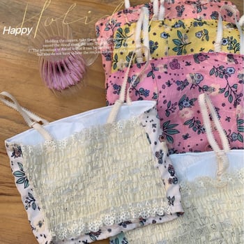 Top mini floral în stil franțuzesc, cu burete pentru bust, fără bretele, spate frumos
