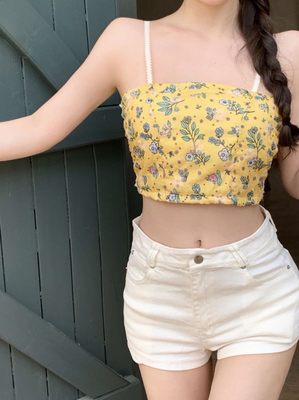 Top mini floral în stil franțuzesc, cu burete pentru bust, fără bretele, spate frumos