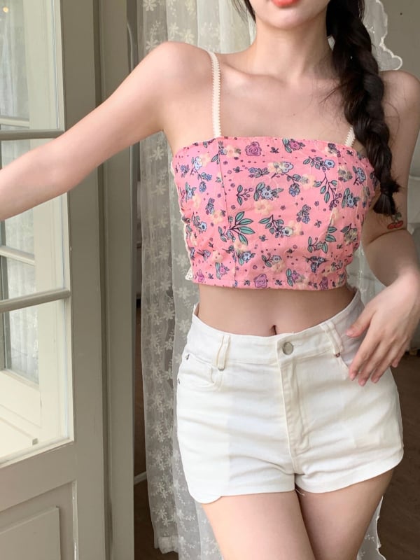 Top mini floral în stil franțuzesc, cu burete pentru bust, fără bretele, spate frumos