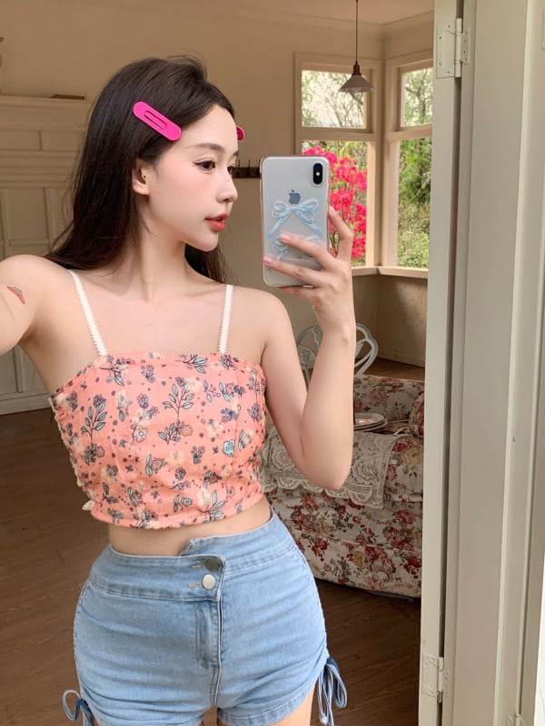Top mini floral în stil franțuzesc, cu burete pentru bust, fără bretele, spate frumos