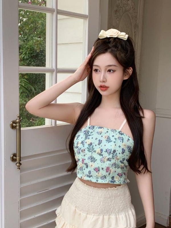 Top mini floral în stil franțuzesc, cu burete pentru bust, fără bretele, spate frumos