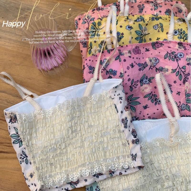 Top mini floral în stil franțuzesc, cu burete pentru bust, fără bretele, spate frumos