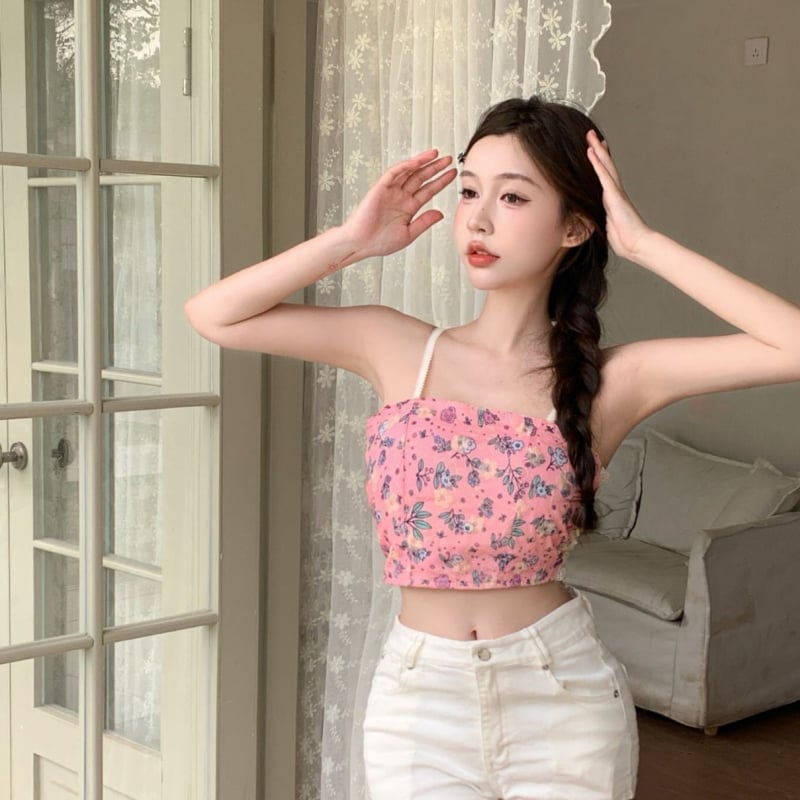 Top mini floral în stil franțuzesc, cu burete pentru bust, fără bretele, spate frumos