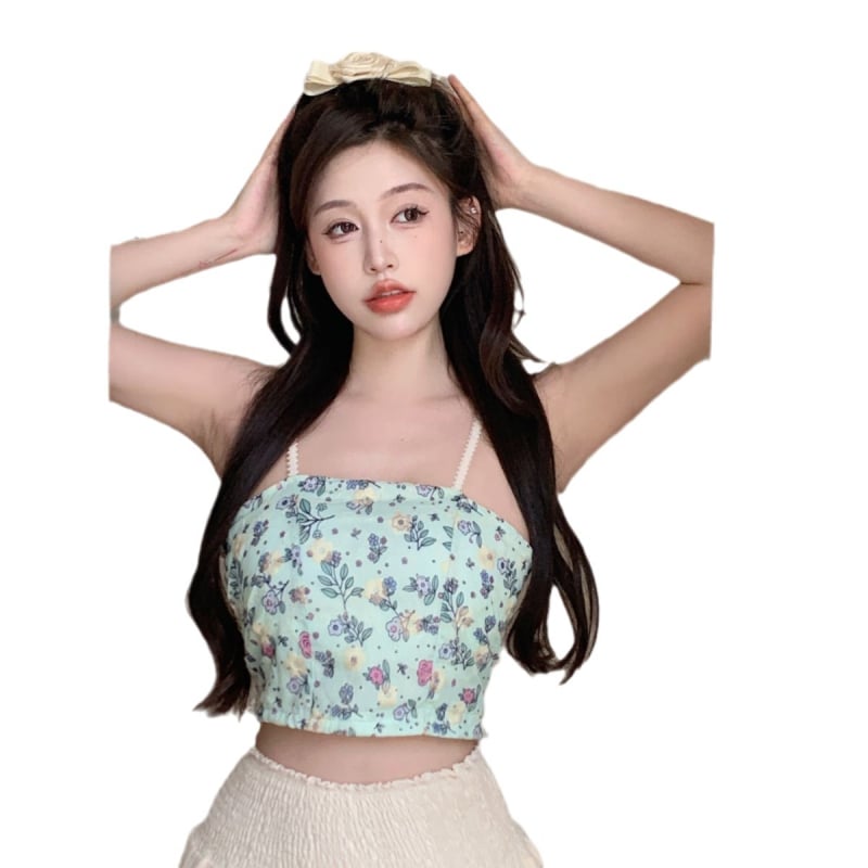 Top mini floral în stil franțuzesc, cu burete pentru bust, fără bretele, spate frumos
