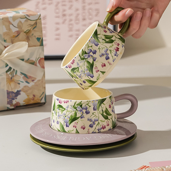 Set cană de cafea și farfurioară cu model floral, ceașcă ceramică pentru ceai de după-amiază, stil Instagram, pictură în ulei retro design feminin cadou