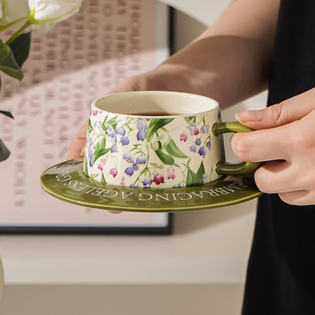 Set cană de cafea și farfurioară cu model floral, ceașcă ceramică pentru ceai de după-amiază, stil Instagram, pictură în ulei retro design feminin cadou
