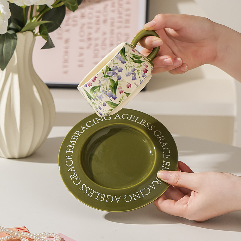 Set cană de cafea și farfurioară cu model floral, ceașcă ceramică pentru ceai de după-amiază, stil Instagram, pictură în ulei retro design feminin cadou