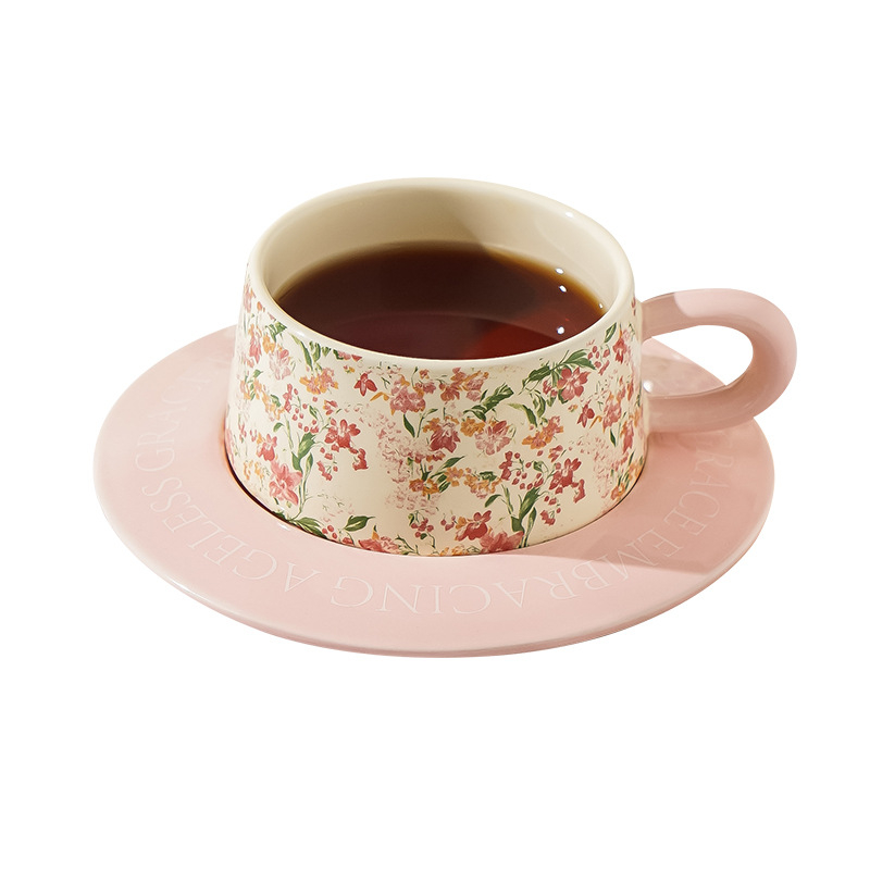 Set cană de cafea și farfurioară cu model floral, ceașcă ceramică pentru ceai de după-amiază, stil Instagram, pictură în ulei retro design feminin cadou