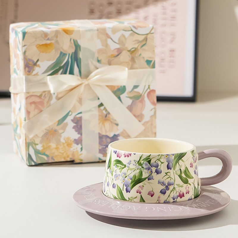 Set cană de cafea și farfurioară cu model floral, ceașcă ceramică pentru ceai de după-amiază, stil Instagram, pictură în ulei retro design feminin cadou