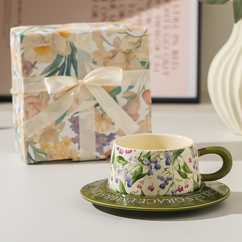 Set cană de cafea și farfurioară cu model floral, ceașcă ceramică pentru ceai de după-amiază, stil Instagram, pictură în ulei retro design feminin cadou