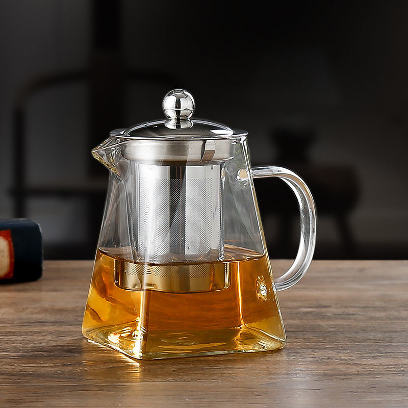 Ceainic de sticlă cu infuzor din oțel inoxidabil, rezistent la temperaturi înalte, formă pătrată, capacitate mare.