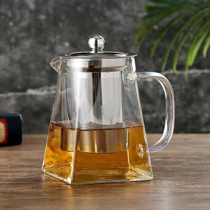 Ceainic de sticlă cu infuzor din oțel inoxidabil, rezistent la temperaturi înalte, formă pătrată, capacitate mare.