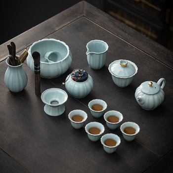 Set Gongfu ceai cu glazură craquelată Ru Kiln și Ge Kiln, gaiwan ceramic și ceainic, într-o cutie cadou premium