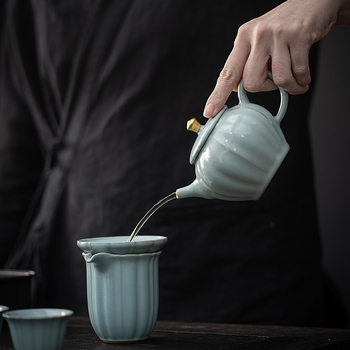 Set Gongfu ceai cu glazură craquelată Ru Kiln și Ge Kiln, gaiwan ceramic și ceainic, într-o cutie cadou premium