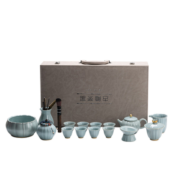 Set Gongfu ceai cu glazură craquelată Ru Kiln și Ge Kiln, gaiwan ceramic și ceainic, într-o cutie cadou premium