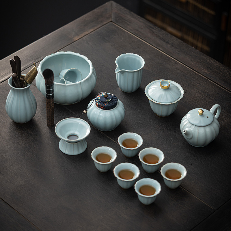 Set Gongfu ceai cu glazură craquelată Ru Kiln și Ge Kiln, gaiwan ceramic și ceainic, într-o cutie cadou premium