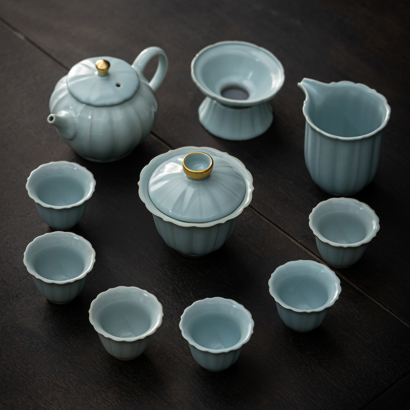 Set Gongfu ceai cu glazură craquelată Ru Kiln și Ge Kiln, gaiwan ceramic și ceainic, într-o cutie cadou premium