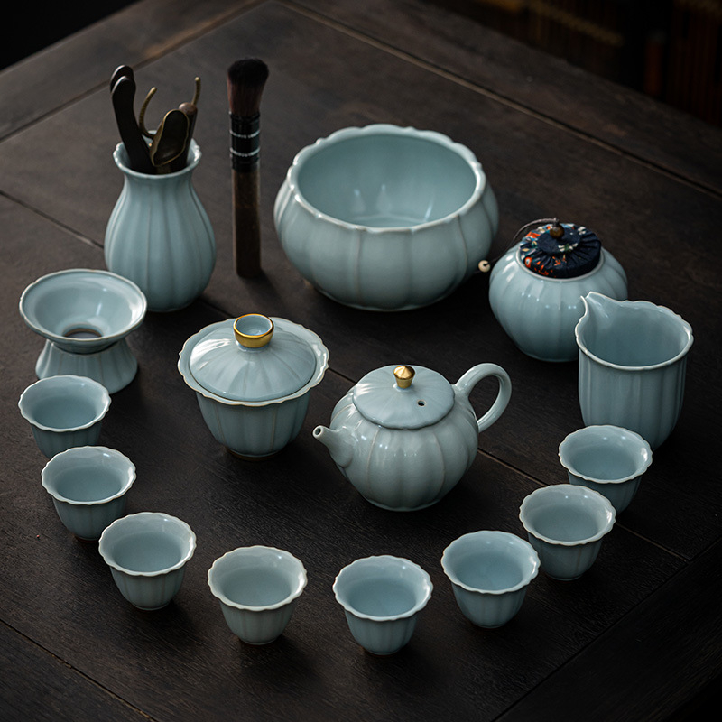 Set Gongfu ceai cu glazură craquelată Ru Kiln și Ge Kiln, gaiwan ceramic și ceainic, într-o cutie cadou premium