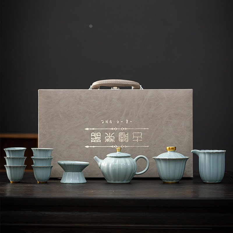 Set Gongfu ceai cu glazură craquelată Ru Kiln și Ge Kiln, gaiwan ceramic și ceainic, într-o cutie cadou premium