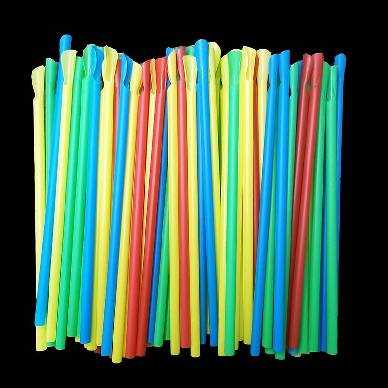 Set colorat linguri și paie de unică folosință, lingură și pai integrate 2 în 1, plastic PP, 100 buc