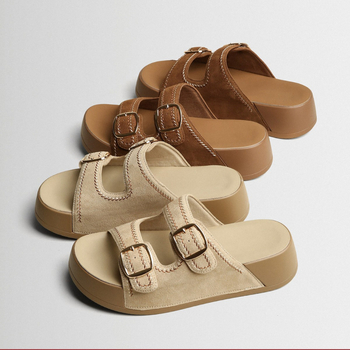 Sandale pentru femei din piele naturală, stil Birkenstock, cu o curea, vara 2026, talpă groasă, talpă confortabilă