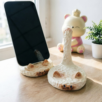 Set decorativ cu pisică Siamese, suport pentru telefon și vază, aranjament floral în stil franțuzesc pentru living și intrare, în nuanțe crem