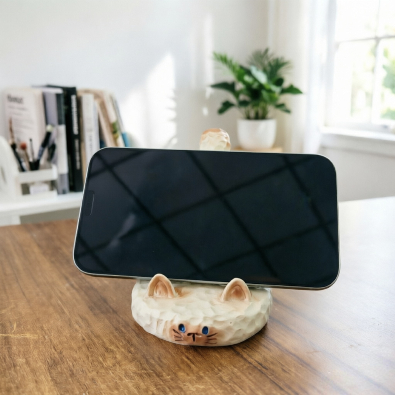 Set decorativ cu pisică Siamese, suport pentru telefon și vază, aranjament floral în stil franțuzesc pentru living și intrare, în nuanțe crem