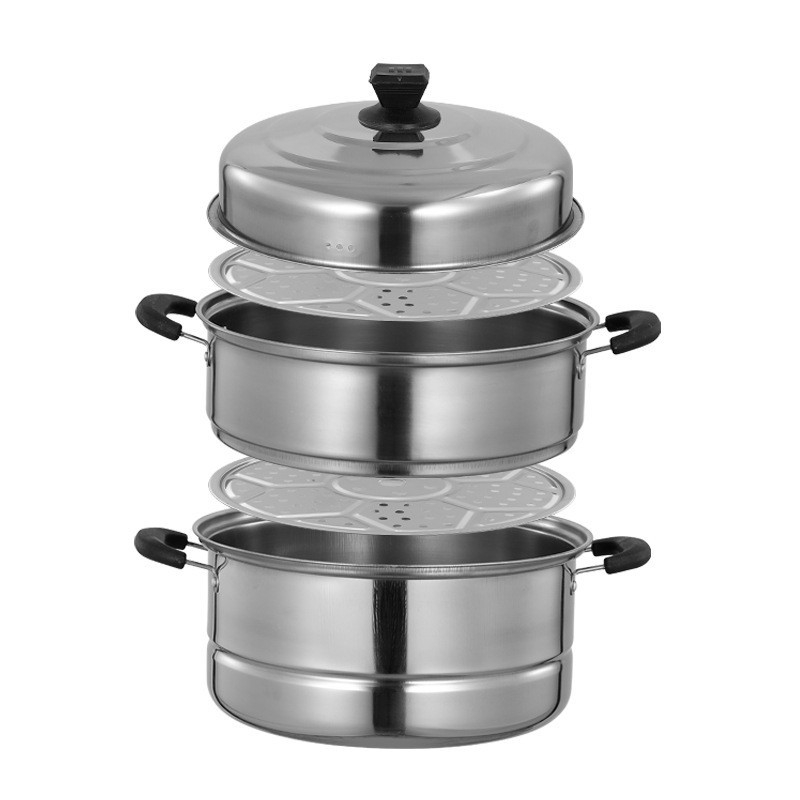 Vaporier din oțel inoxidabil îngroșat, trei straturi, 32 cm, utilizare casnică, mare capacitate, oală cu aburi multifuncțională