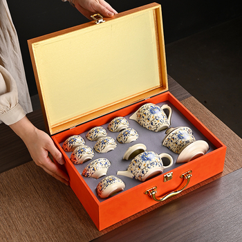 Set de ceai în stil chinezesc, cultural și creativ, set complet ceramic Ru kiln bej ceainic Gongfu, cadou de afaceri