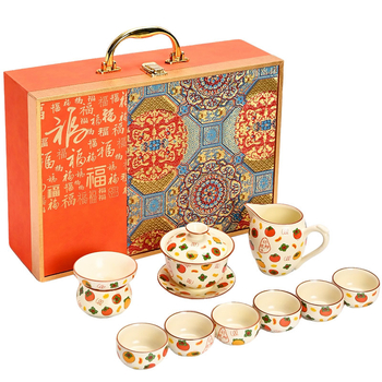 Set de ceai în stil chinezesc, cultural și creativ, set complet ceramic Ru kiln bej ceainic Gongfu, cadou de afaceri